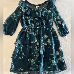 Lauren Conrad Women's Dark Green Floral Midi Dress Size 2 Small Chiffon Fall 3/4
